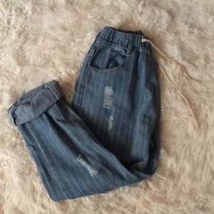 Medium Wash Pinstripe Drawstring Boyfriend Jeans